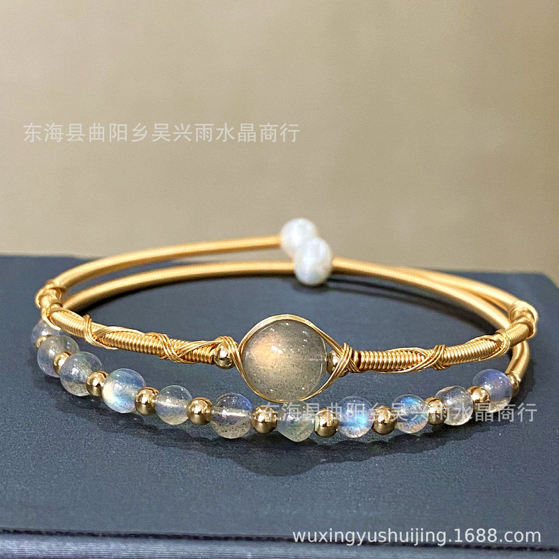 Winding 14K gold natural elongated lime Moonstone Pearl strawberry Crystal Jade bracelet bracelet