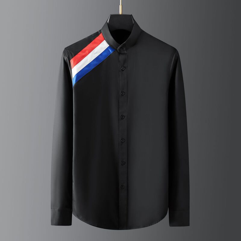 Fashion trend men's long sleeve collar shirt red White blue color bar shirt factory direct a generation of hair