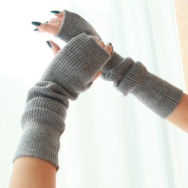 冬季加厚加长假袖子女式针织手套洋气保暖女手套袖半指羊毛手套女