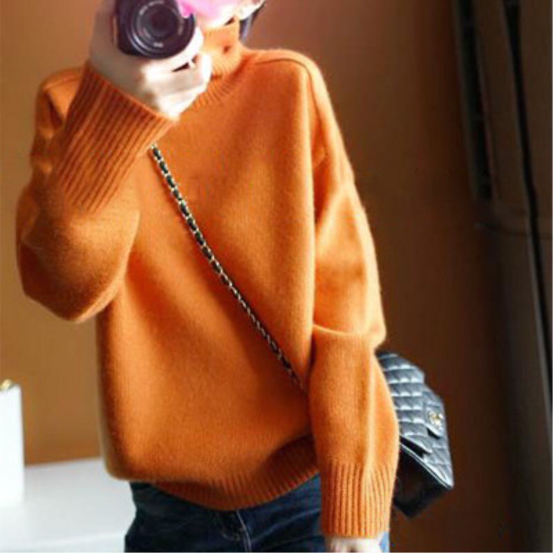 2024 wholesale new orange turtleneck padded pullover sweater women's loose short sleeve lazy wind bottoming sweater
