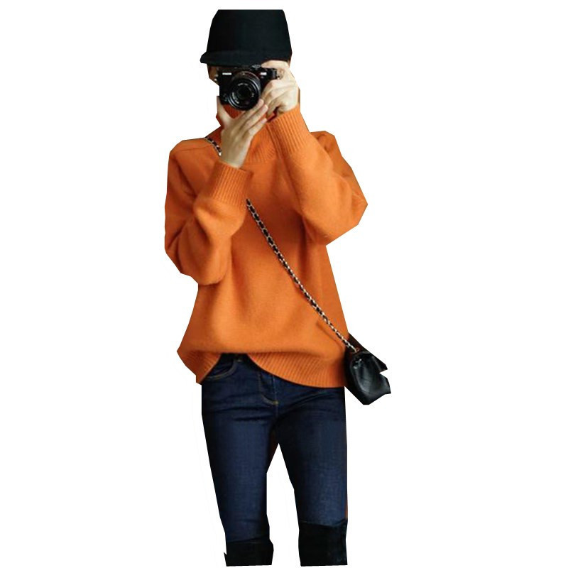2024 venta al por mayor nuevo estilo naranja cuello alto suéter grueso mujer suelta manga corta estilo perezoso suéter de base