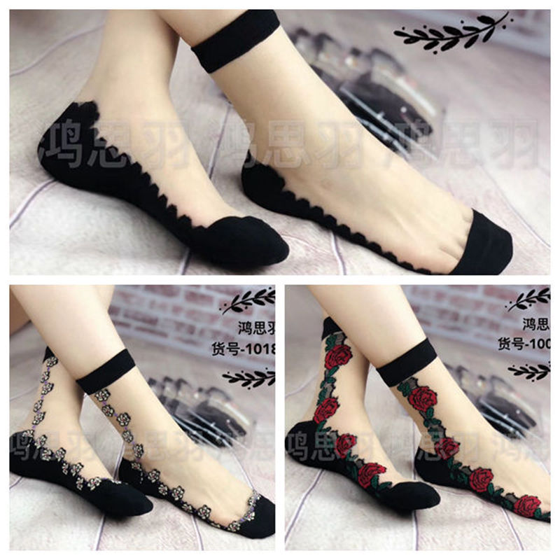 Hong Siyu Lace Cotton Bottom Crystal Socks Glass Silk Short Socks Transparent Rose Women's Socks Short Silk Thin Silk Socks