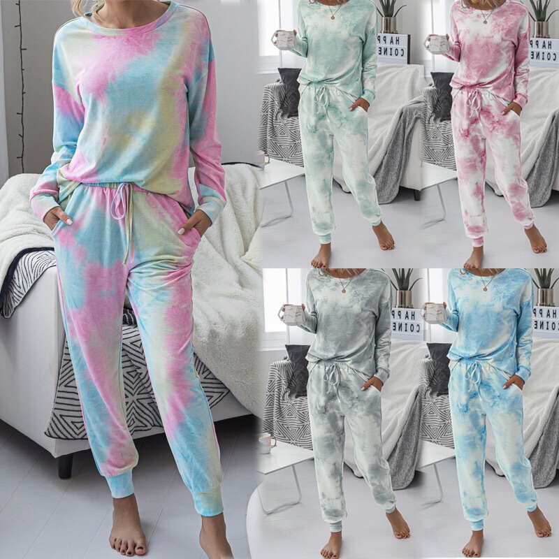 European and American 2024 Autumn and Winter New Large Size Loose Tie-Dye Printed Women's Cross-Border Export Long-Sleeved Home Clothes Suit for Women