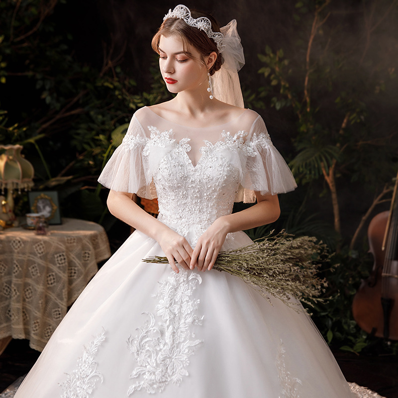 Vestido de Novia de Estilo Francés para Comercio Exterior, Modelo 2025, Nuevo, Lujoso, con Cola Larga, Cubre Brazos, Talla Grande, Venta al por Mayor, TD70