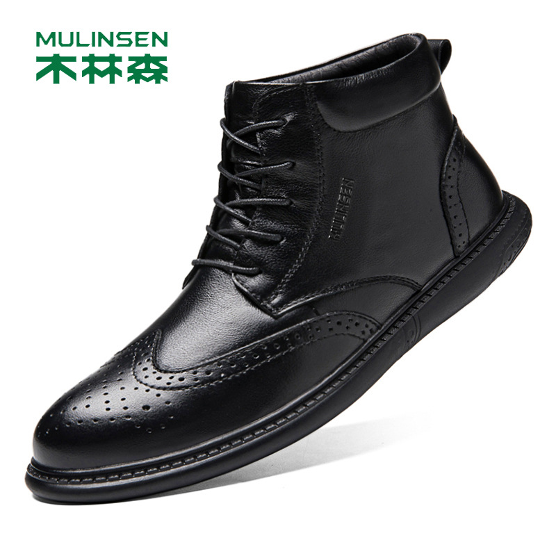 木林森男鞋2020秋冬季新款正品中邦保暖鞋子头层牛皮黑色休闲男鞋