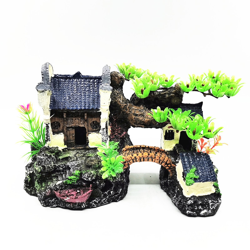 Pecera paisaje rocalla acuario decoración paisaje resina casa Jiangnan cabaña agua ciudad edificio decoración nube edificio grúa