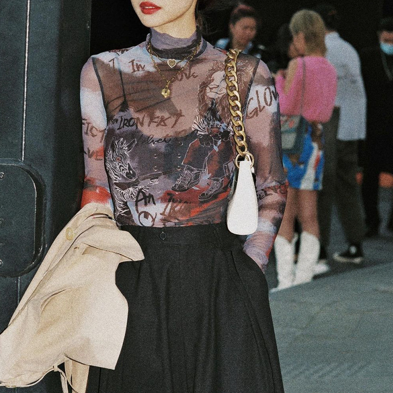 ins Super Fire European and American Foreign Trade Cross-border New Sexy Perspective Mesh Letter Printing Base Long Sleeve Jayshirt