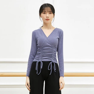 秋冬舞蹈服复古优雅V领女上衣教师练功服抽绳褶皱长袖瑜伽服