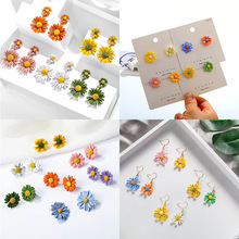S925银针不对称小雏菊耳环女小清新太阳花耳钉撞色花朵森系耳饰潮
