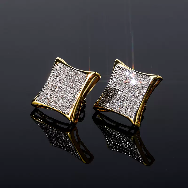 欧美跨境热卖方形满锆石男女耳钉真金电镀嘻哈潮人耳饰Bling