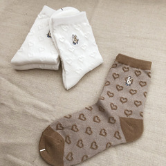 秋冬新款 日系原宿暗紋愛心棉線中筒女襪 素色復古風個性清新棉襪