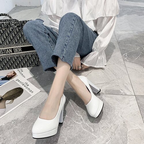 Spring and Autumn Women's Shoes Thick Heels Single Shoes Nude Color High Heels Women's Nightclub Bridesmaid Shoes Wedding Shoes Trendy