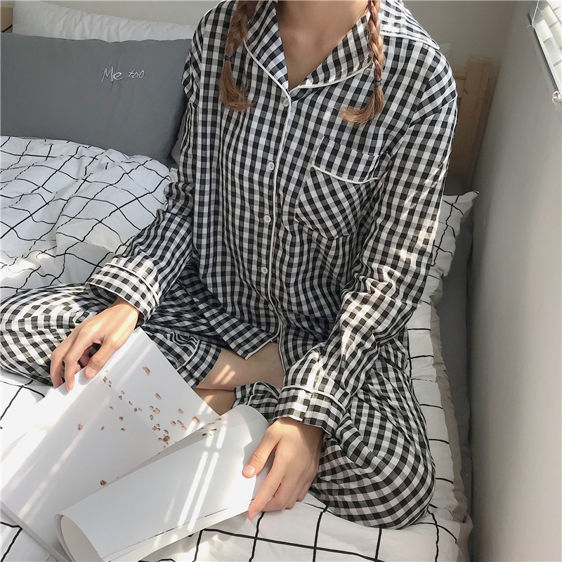 Estilo coreano pijamas de las mujeres a cuadros lindo primavera y otoño invierno cardigan solapa manga larga Comercio exterior vestir prendas exteriores homewear traje