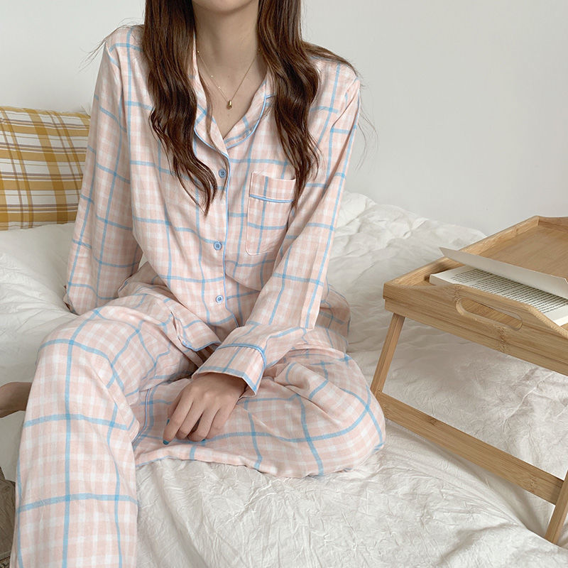 Estilo coreano pijamas de las mujeres a cuadros lindo primavera y otoño invierno cardigan solapa manga larga Comercio exterior vestir prendas exteriores homewear traje