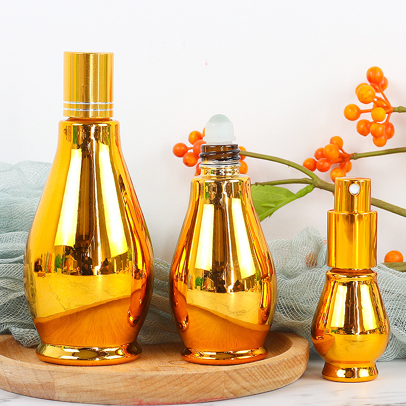 电镀金色玻璃单葫芦瓶香水细雾喷雾瓶按压式乳液瓶按摩精油滴管瓶