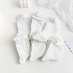 Women's Winter Plain Crew Socks, Japanese Style JK White Socks, Cute Student Socks with Lace, Cotton Socks, Factory Wholesale