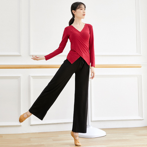 Yoga practice clothes for adults, long-sleeved T-shirts, cross-collar Latin dance tops, modern body dance clothes, 230g fabric