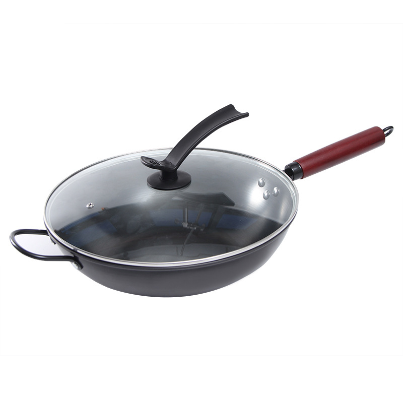 FUENTE Fábrica de hierro forjado wok sin recubrimiento hogar saludable plana universal genuino wok inoxidable al por mayor
