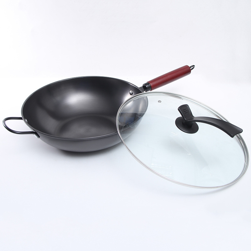 FUENTE Fábrica de hierro forjado wok sin recubrimiento hogar saludable plana universal genuino wok inoxidable al por mayor