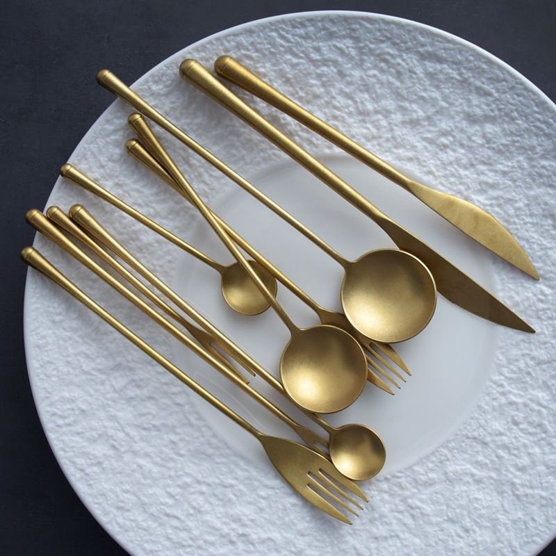 Golden Steak Knife, Fork, and Spoon Set, Japanese-Style Vintage 304 Stainless Steel Mixing Spoon, Fruit Fork, Dessert Knife, Fork, and Spoon for Home Use Golden Steak Knife, Fork, and Spoon Set, Japanese-Style Vintage 304 Stainless Steel Mixing Spoon, Fruit Fork, Dessert Knife, Fork, and Spoon for Home Use
