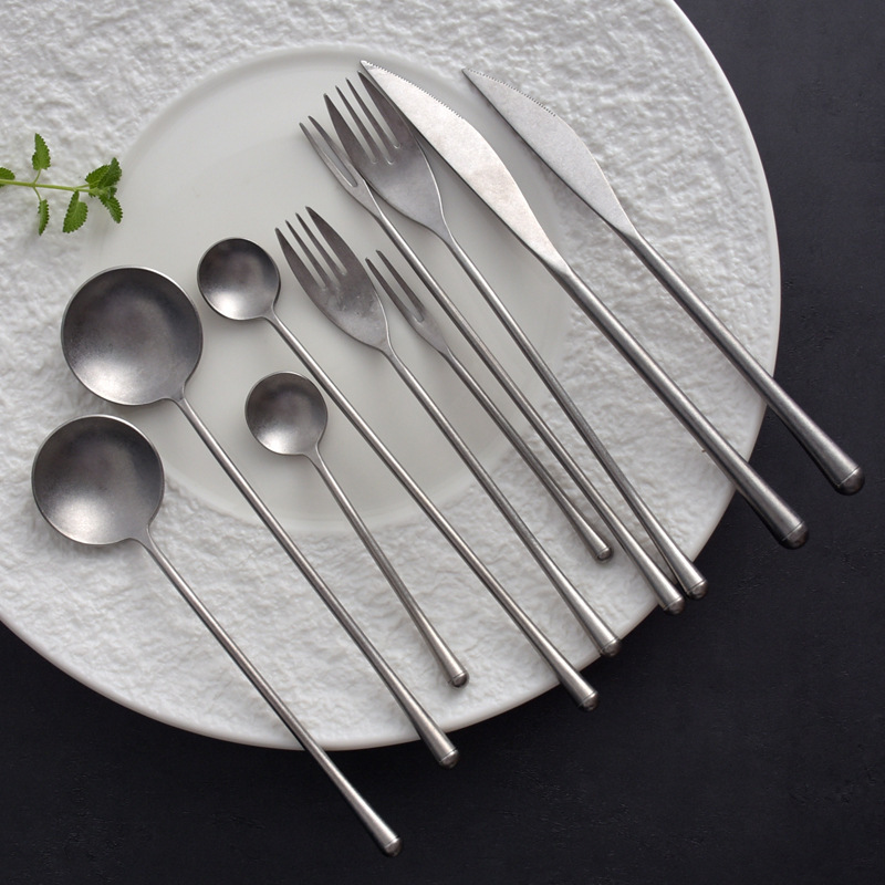 Japanese Style Old Style Retro Grey Western Tableware 304 Stainless Steel Knife and Fork Spoon Mixing Spoon Fruit Fork Household Restaurant Japanese Style Old Style Retro Grey Western Tableware 304 Stainless Steel Knife and Fork Spoon Mixing Spoon Fruit Fork Household Restaurant