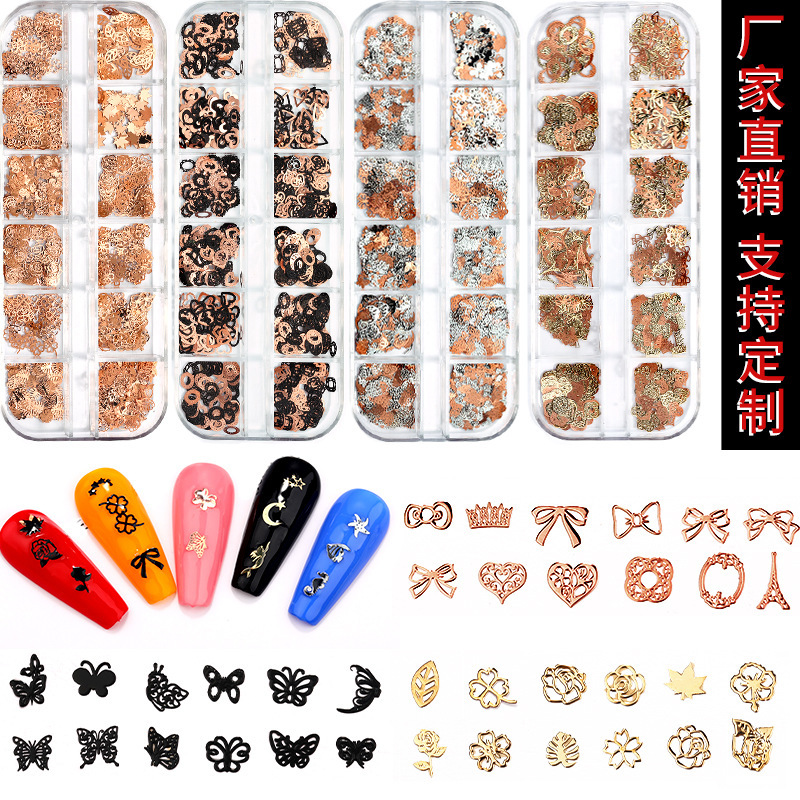 Accesorios de uñas de estilo nuevo japonés en caja de metal hueco pieza de computadora K pieza de oro mariposa hoja de arce decoración de uñas ultrafina