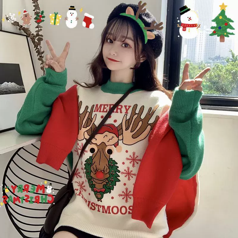跨境新款冬季韩版圣诞节撞色套头毛衣女宽松慵懒风套头针织衫上衣