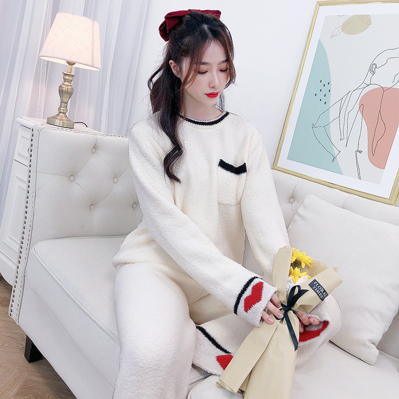 Love Wool Velvet Pajamas Women's Soft Autumn and Winter Wearing Suit Thickened Warm Cute Coral Velvet Home Clothes