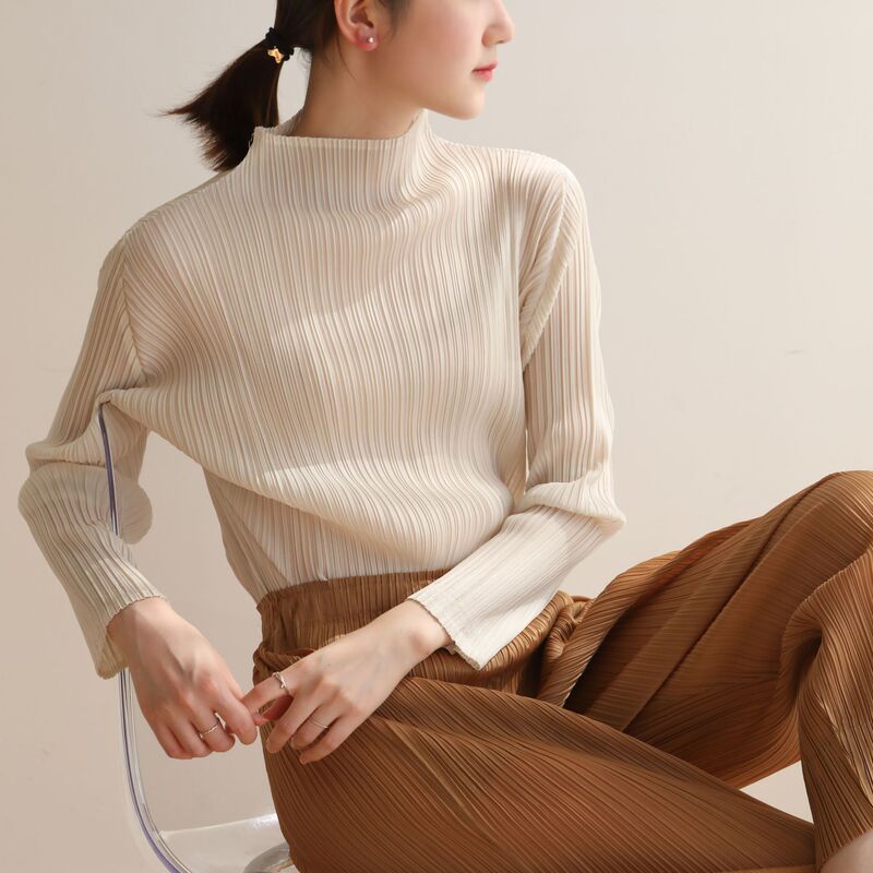 Popular Special Price 2024 Autumn and Spring Ins Style Classy Pleated Lifetime High Collar Long Sleeve Slimming Look Large Size Casual Bottoming Shirt