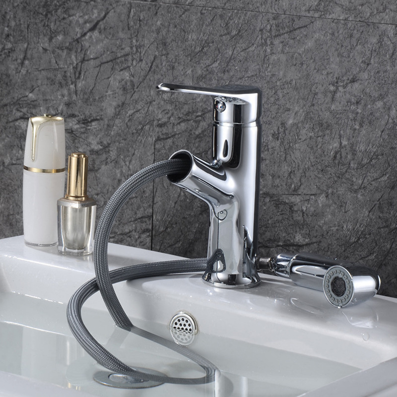 Copper basin extraction faucet bathroom cabinet wash basin cold and hot telescopic extraction button two-speed faucet