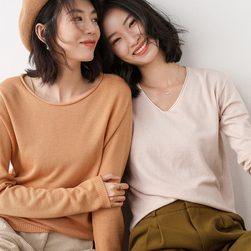 Spring New Style Curled Round Neck Knitwear Women's Short Long-Sleeved Bottoming Shirt Korean Style Loose Large Size Low-Neck Knitwear Spring New Style Curled Round Neck Knitwear Women's Short Long-Sleeved Bottoming Shirt Korean Style Loose Large Size Low-Neck Knitwear