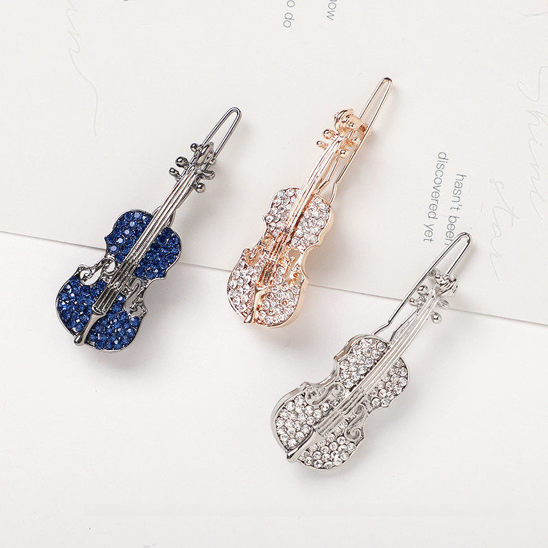 South Korea Fashion Rhinestone Metal Violin Hairpin Simple Bangs Broken Hair Clip Girly Elegant One-word Clip Side Clip