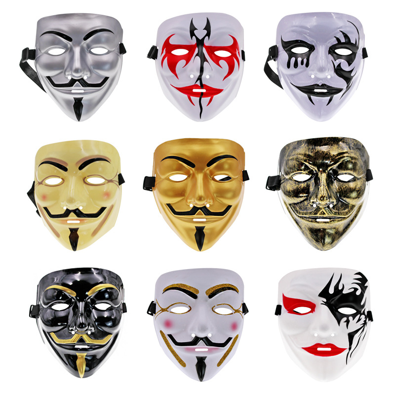 Gran danza fantasma de Halloween en forma de V máscara negro vintage vendetta oro y plata misma máscara facial bola máscara de vestir