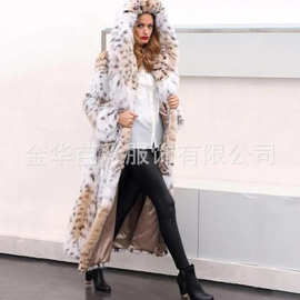 仿皮草外套亚马逊爆款女装冬季欧美中长款豹纹山猫大衣狐狸毛大衣