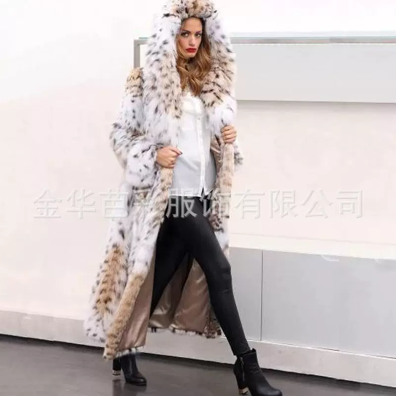 仿皮草外套亚马逊爆款女装冬季欧美中长款豹纹山猫大衣狐狸毛大衣