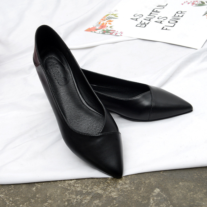 Black Flat Shoes, High Heels, Women's Soft Leather Versatile Pointed Toe Work Shoes, Dual-Wear Work Shoes, Commuting Low Heels