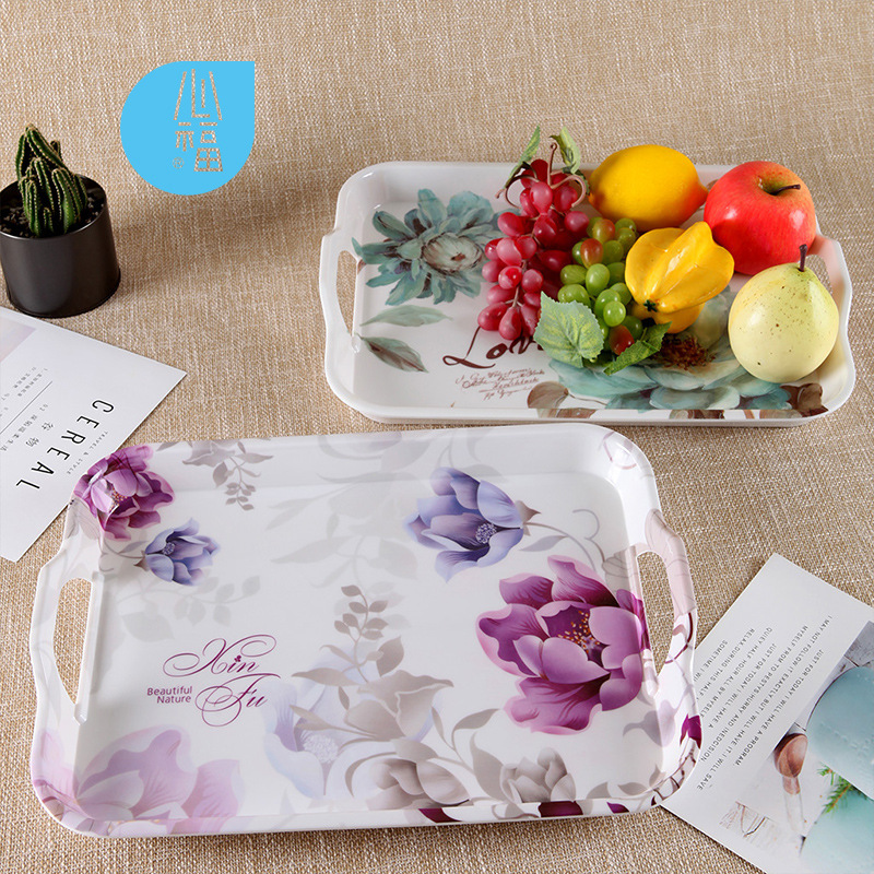 Fruit Plate Living Room Household European Rectangular Tea Tray Plastic Imitation Porcelain Melamine Cut Out Binaural Tray Storage Creative