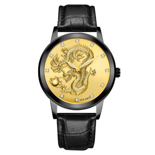 Chinese-style fashion diamond-studded dragon gold watch for men, men's quartz watch with leather strap model