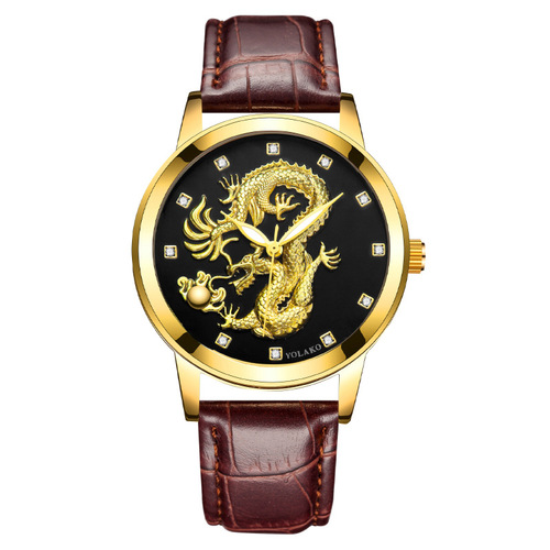 Chinese-style fashion diamond-studded dragon gold watch for men, men's quartz watch with leather strap model