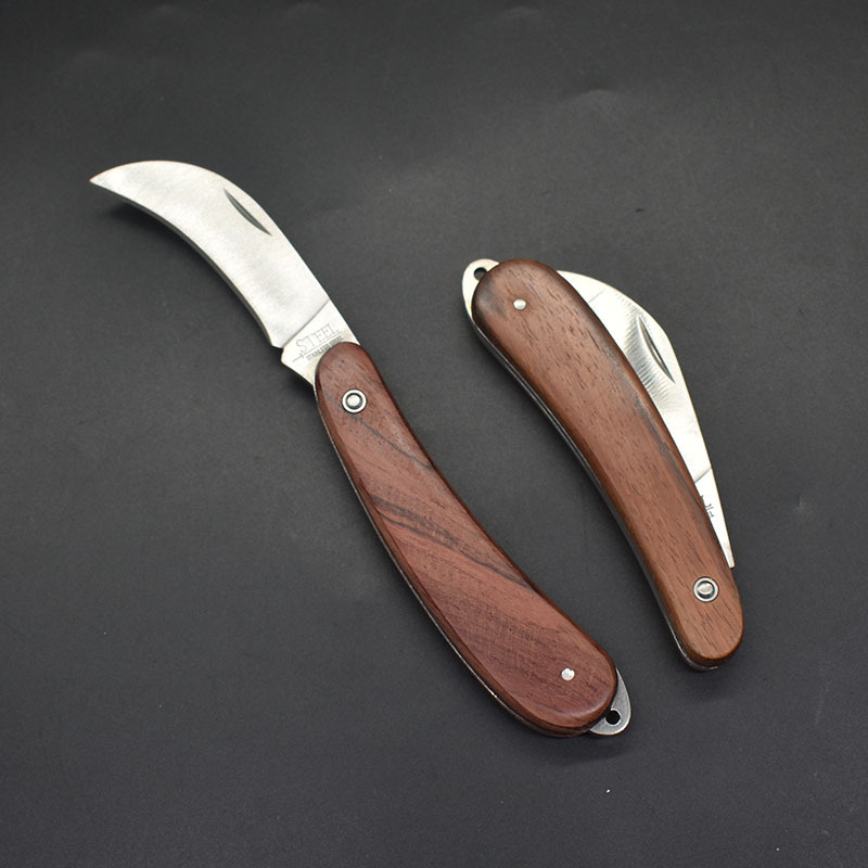 花梨木柄不锈钢蘑菇刀 多功能露营工具刀 户外折叠小刀家用水果刀