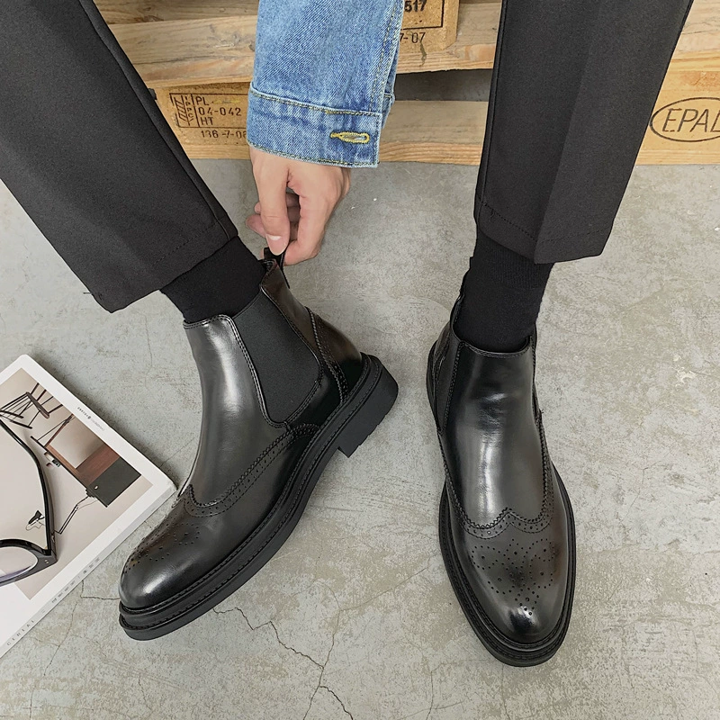 Черные мужские ботинки, ботинки-мартинсы, мужские высокие повседневные весенние ботинки челси, удобные кожаные броги