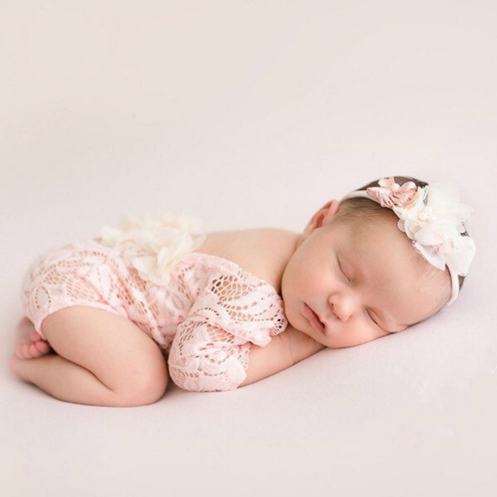 Cross-border newborn lace photography clothes hair band with diamond pearl hair accessories children's chiffon lace photography romper