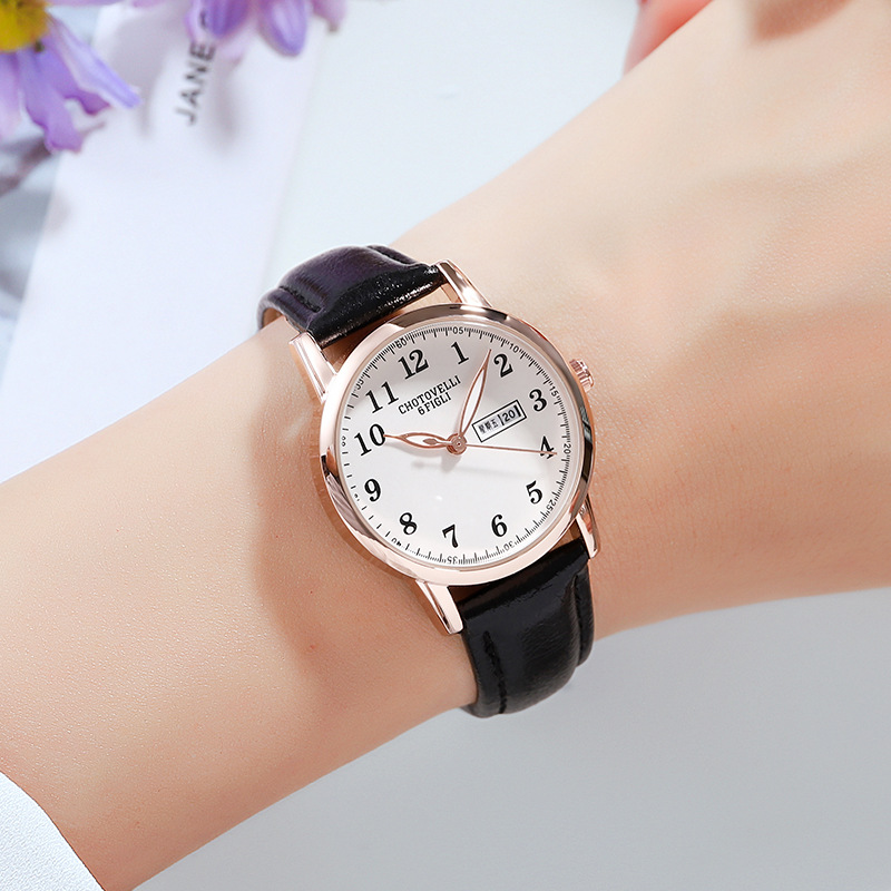 Watch Women's Simple Elegant Small Fresh Double Calendar High School Junior High School Students Women's Waterproof Luminous Quartz Women's Watch Trendy
