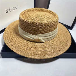 夏女草帽小蜜蜂遮阳沙滩编织平顶帽英伦礼帽夏防晒沙滩大沿草帽