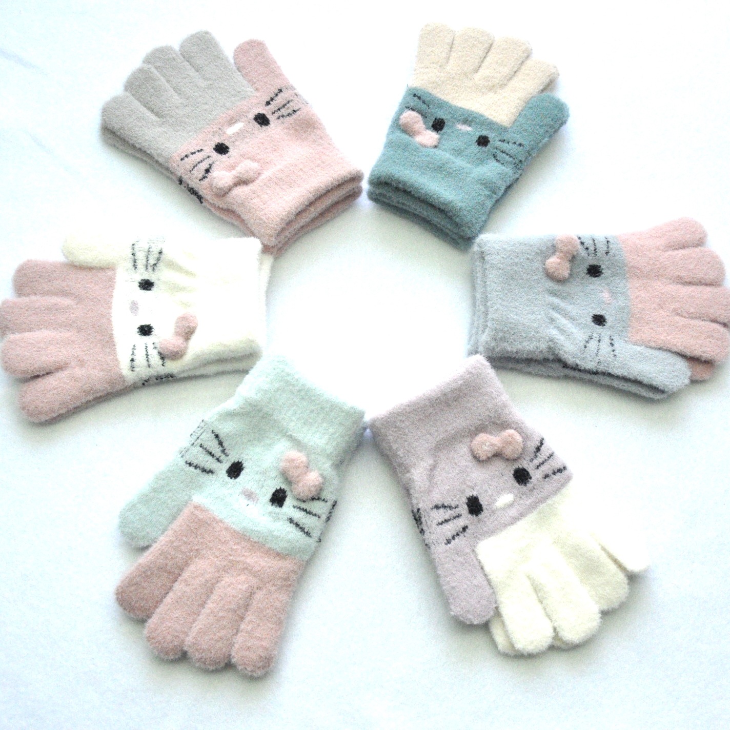 批發5-11歲小學生冬季防寒保暖針織手套 小貓咪圖案 彎貂毛線手套