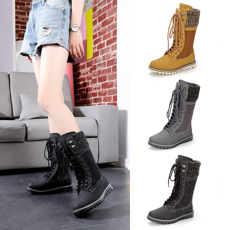 Invierno transfronterizo personalizado Amazon nuevo tubo alto más terciopelo cálido tacón bajo con cordones botas de nieve de fondo plano mujeres al por mayor