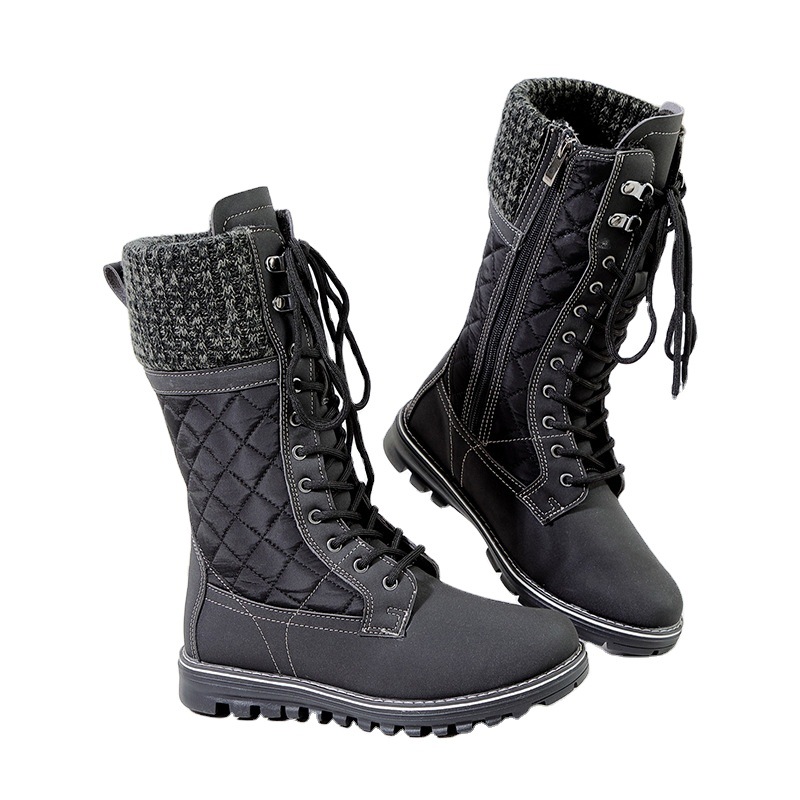 Invierno transfronterizo personalizado Amazon nuevo tubo alto más terciopelo cálido tacón bajo con cordones botas de nieve de fondo plano mujeres al por mayor