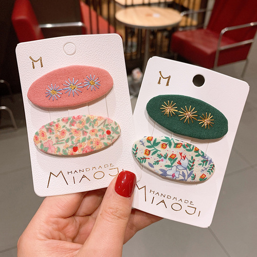 Korean version of children's ins fabric floral flower hairpin new girl embroidered oval BB clip baby bangs side clip