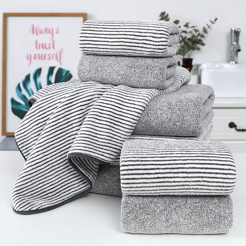 Warp Knitted Grey Striped Bamboo Charcoal Coral Velvet Set Towel Soft Beauty 2 Towel 1 Bath Towel Set 3-piece Set 3-Piece