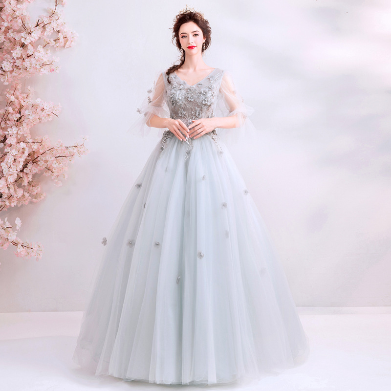 2026 New Style Gray Long-Sleeve Evening Gown for Annual Party Stage Performance Host Runway Wedding Evening Dress Manufacturer Summer 2026 New Style Gray Long-Sleeve Evening Gown for Annual Party Stage Performance Host Runway Wedding Evening Dress Manufacturer Summer
